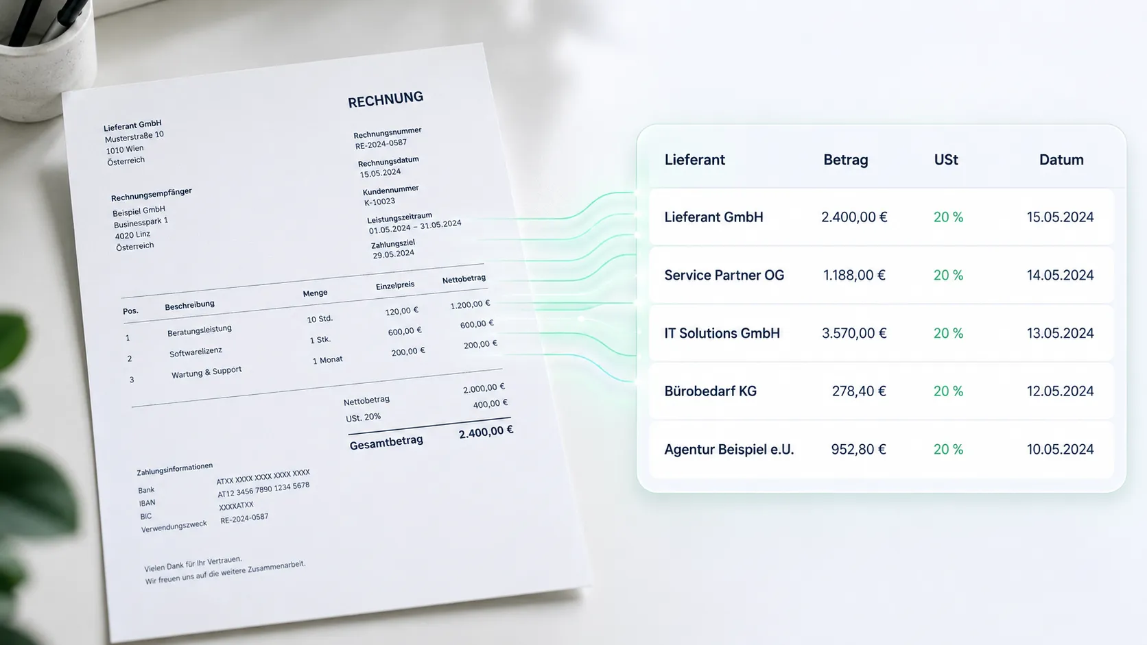 Eine Papierrechnung wird automatisch in eine digitale Tabelle mit Lieferant, Betrag, USt und Datum übertragen